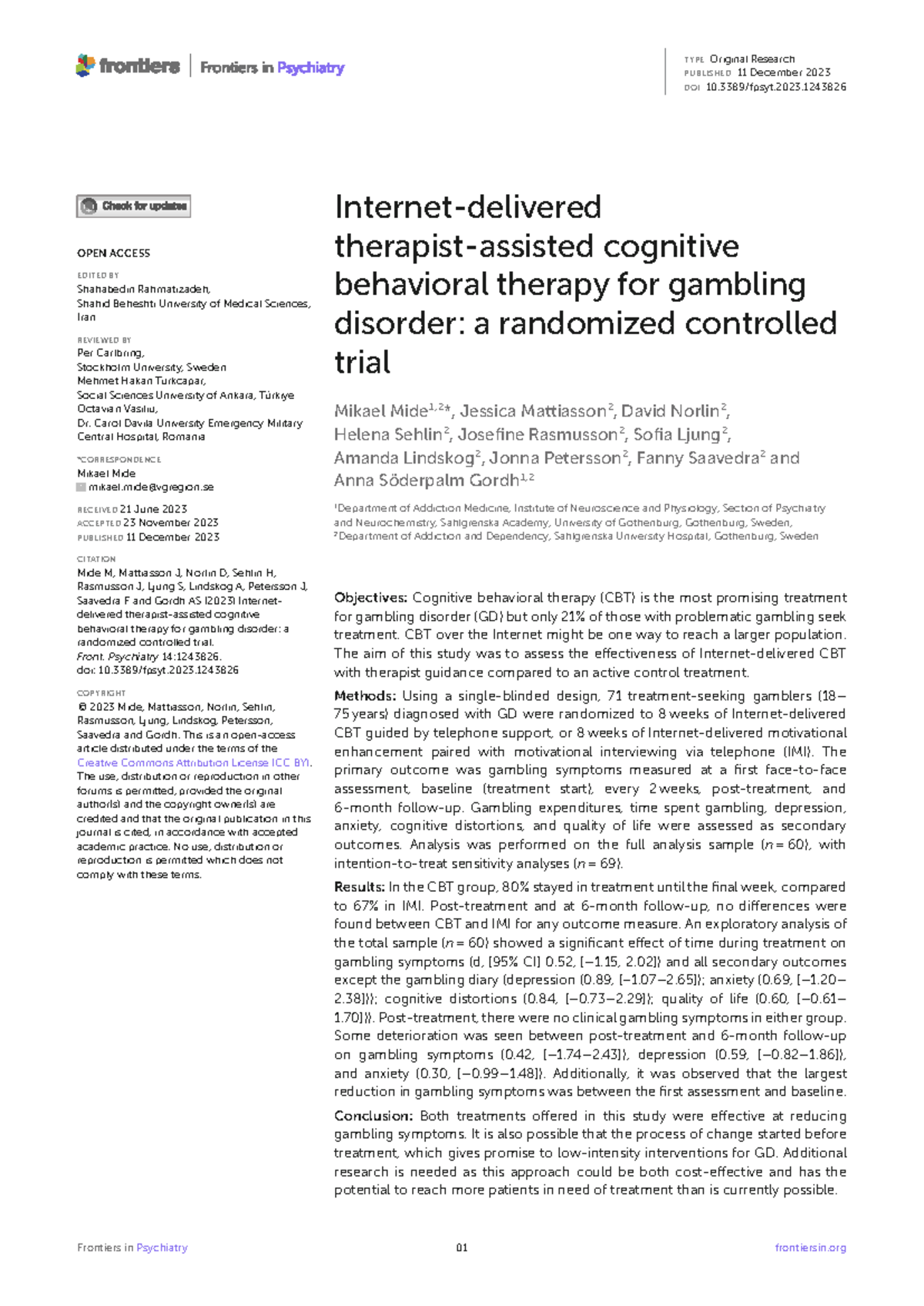 Cognitive Behavioral Therapy for Gambling Disorder: A Randomized ...