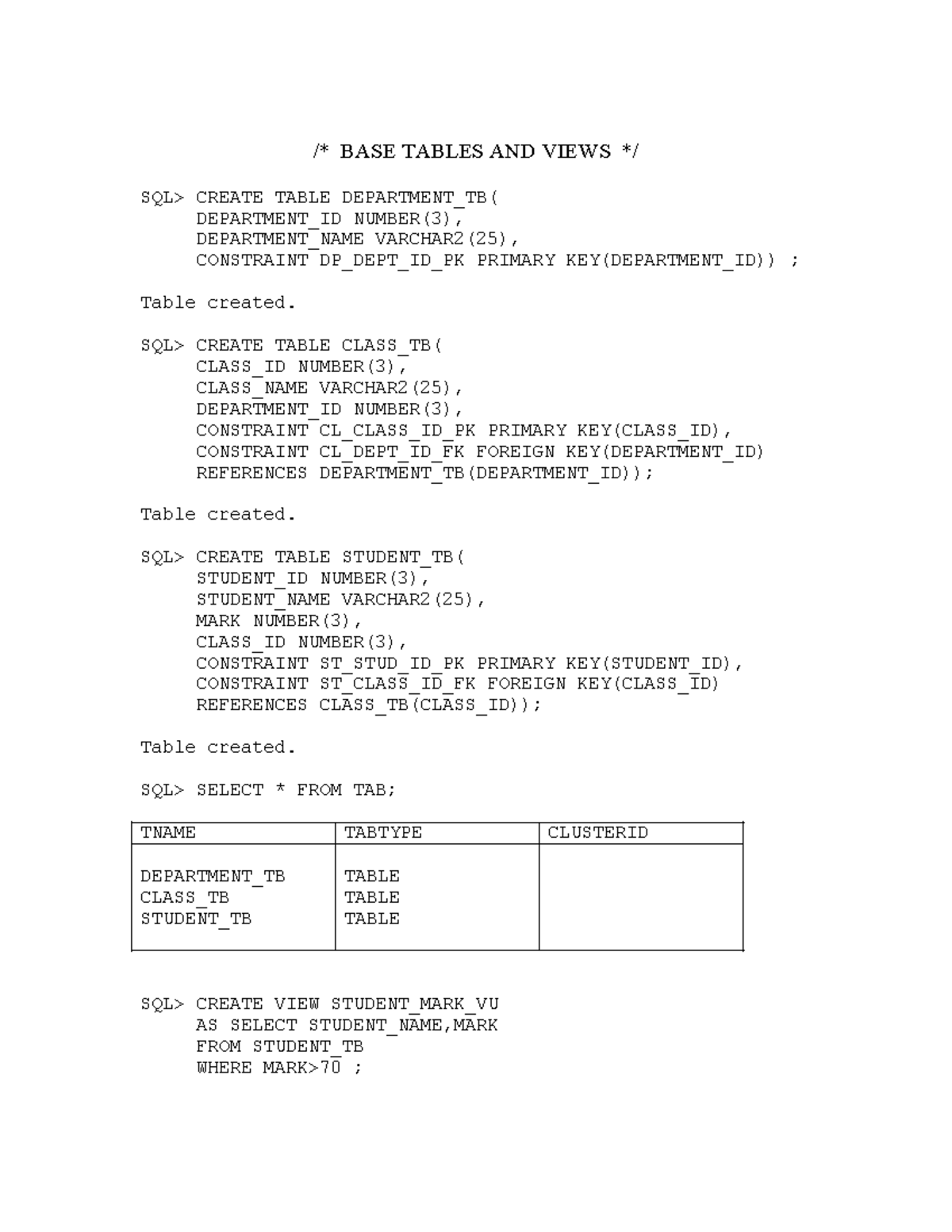Databases - /* BASE TABLES AND VIEWS */ SQL> CREATE TABLE DEPARTMENT_TB ...