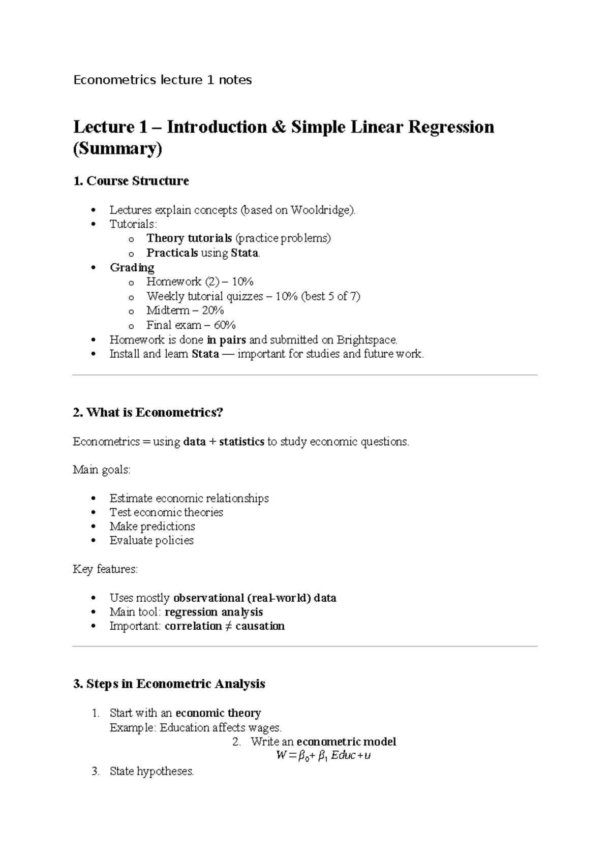 Econometrics 101: Lecture 1 Notes on Simple Linear Regression - Studeersnel