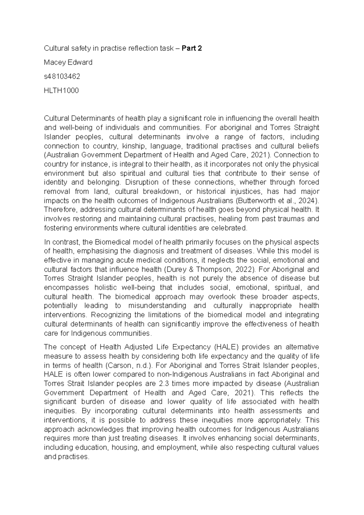 HLTH1000 Part 2 reflection - Cultural safety in practise reflection ...