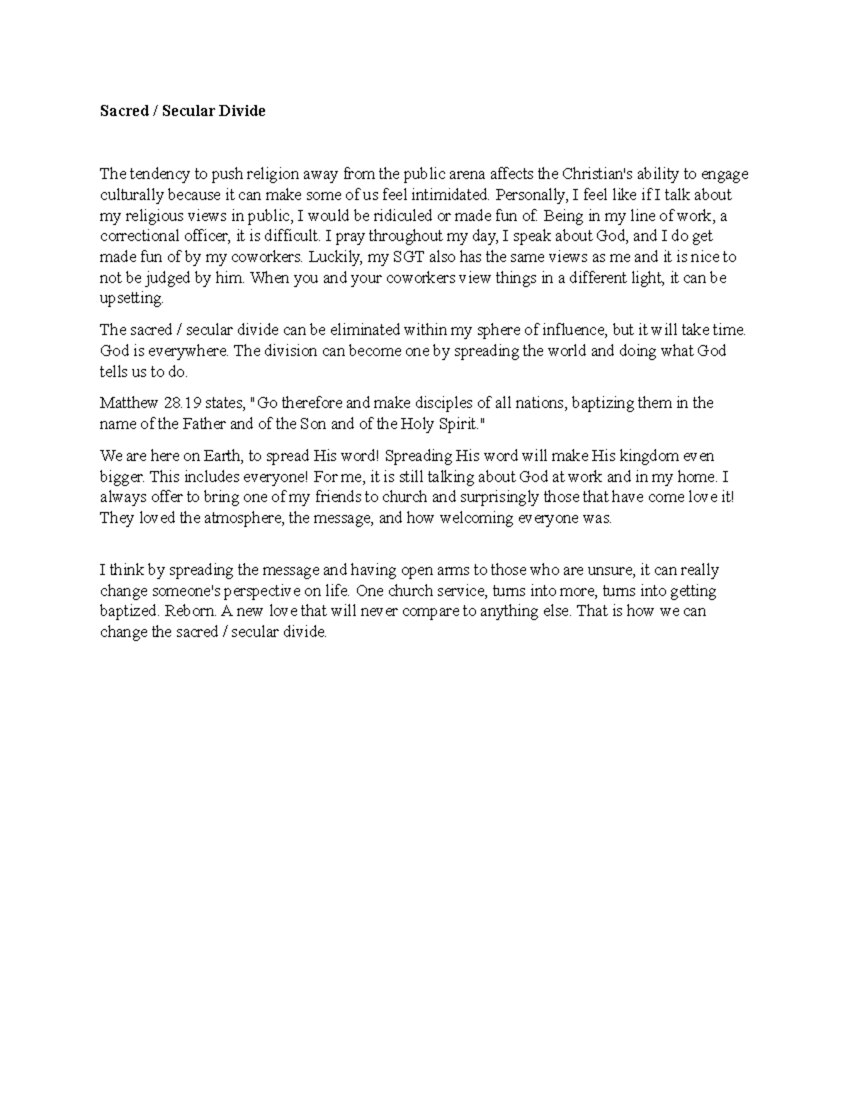 Theo 104 Discussion 2: Bridging the Sacred/Secular Divide - Studocu