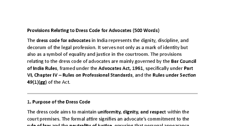 Dress Code Provisions for Advocates in India (500 Words) - Studocu