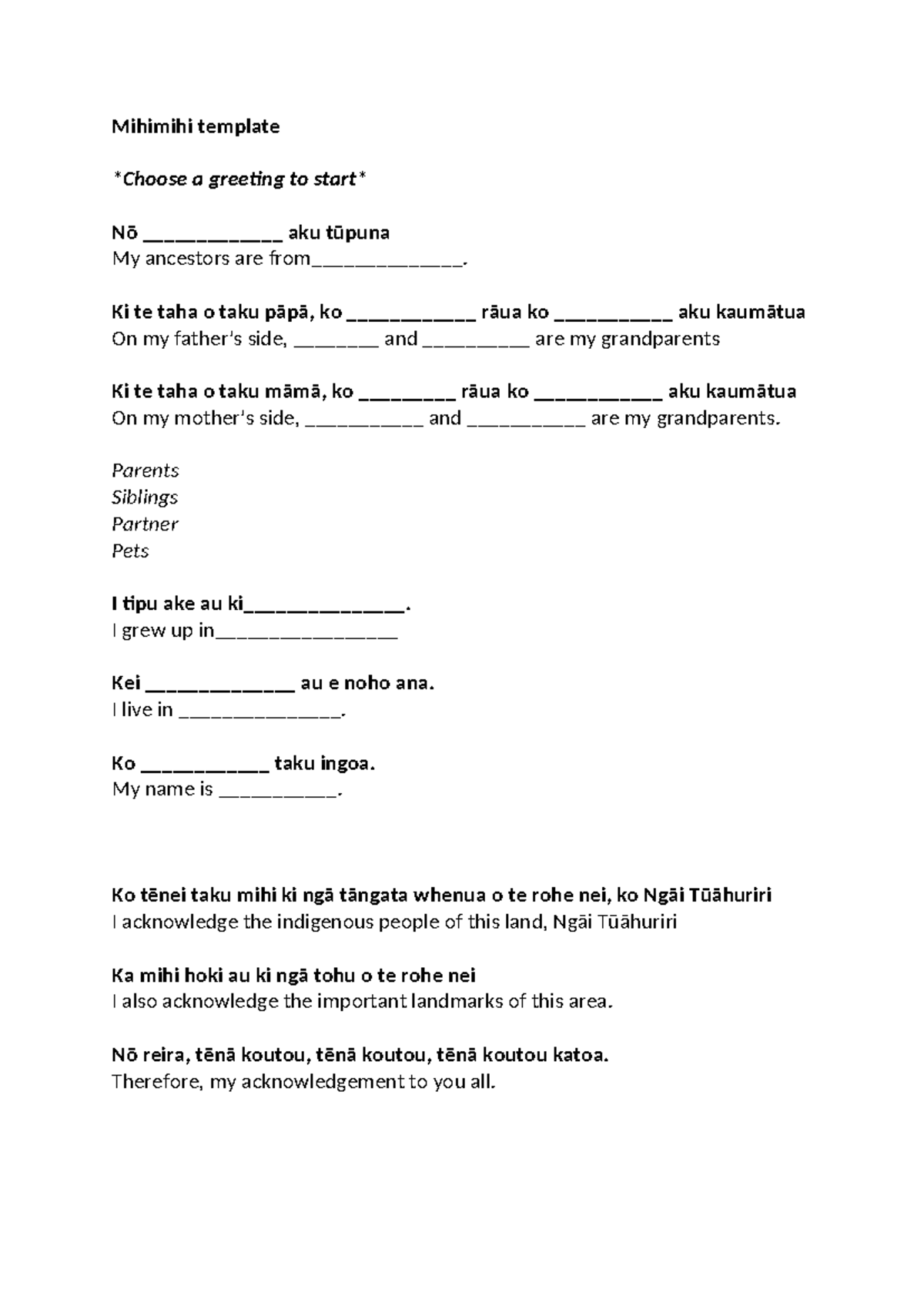 Mihimihi Template for Personal Introduction and Acknowledgement - Studocu