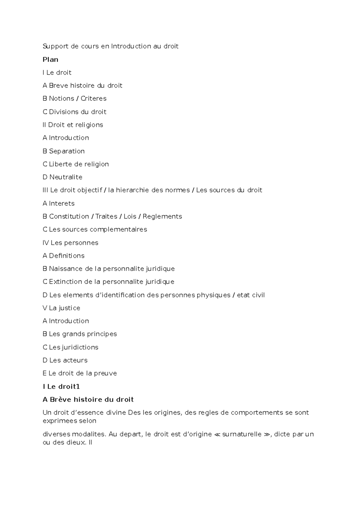 Support de cours en Introduction au droit - Plan détaillé et concepts ...