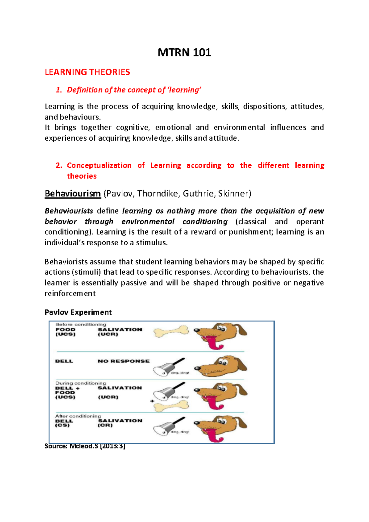 MTRN 101 Learning Theories: Lecture Notes on Key Concepts - Studocu