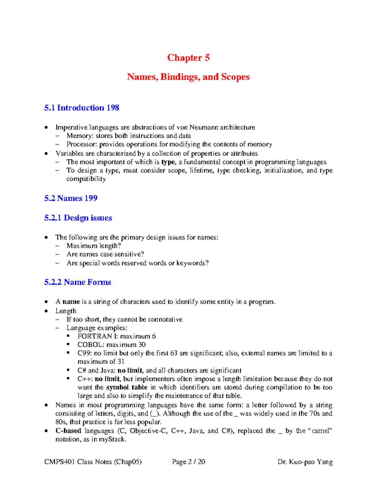 CMPS401 Chapter 5: Names, Bindings, and Scopes Overview - Studocu