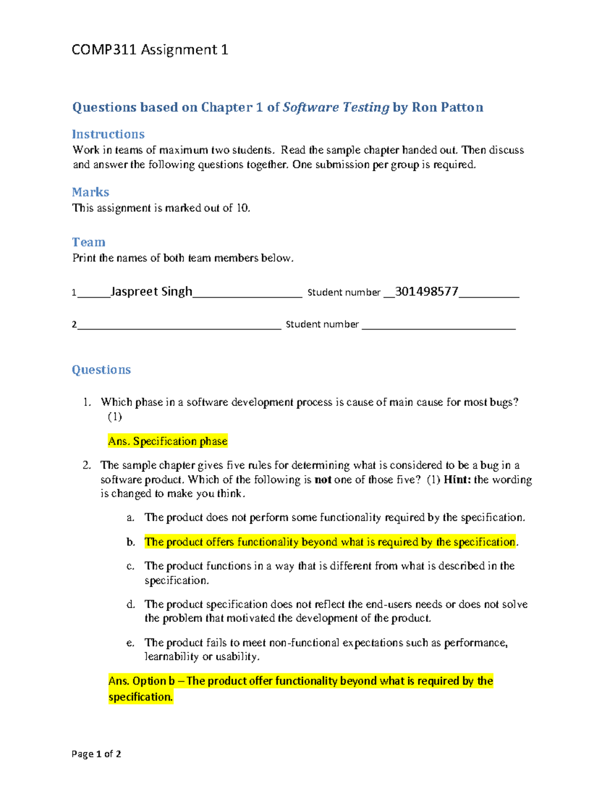 COMP311 Assignment 1: Questions on Software Testing Chapter 1 - Studocu