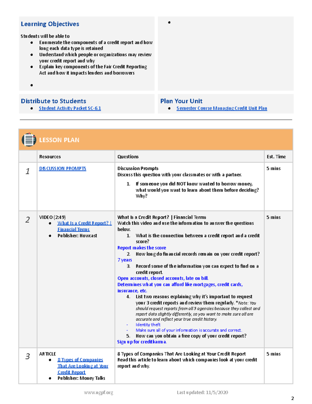 Credit 1 - Lesson Plan on Understanding Credit Reports and Scoring ...