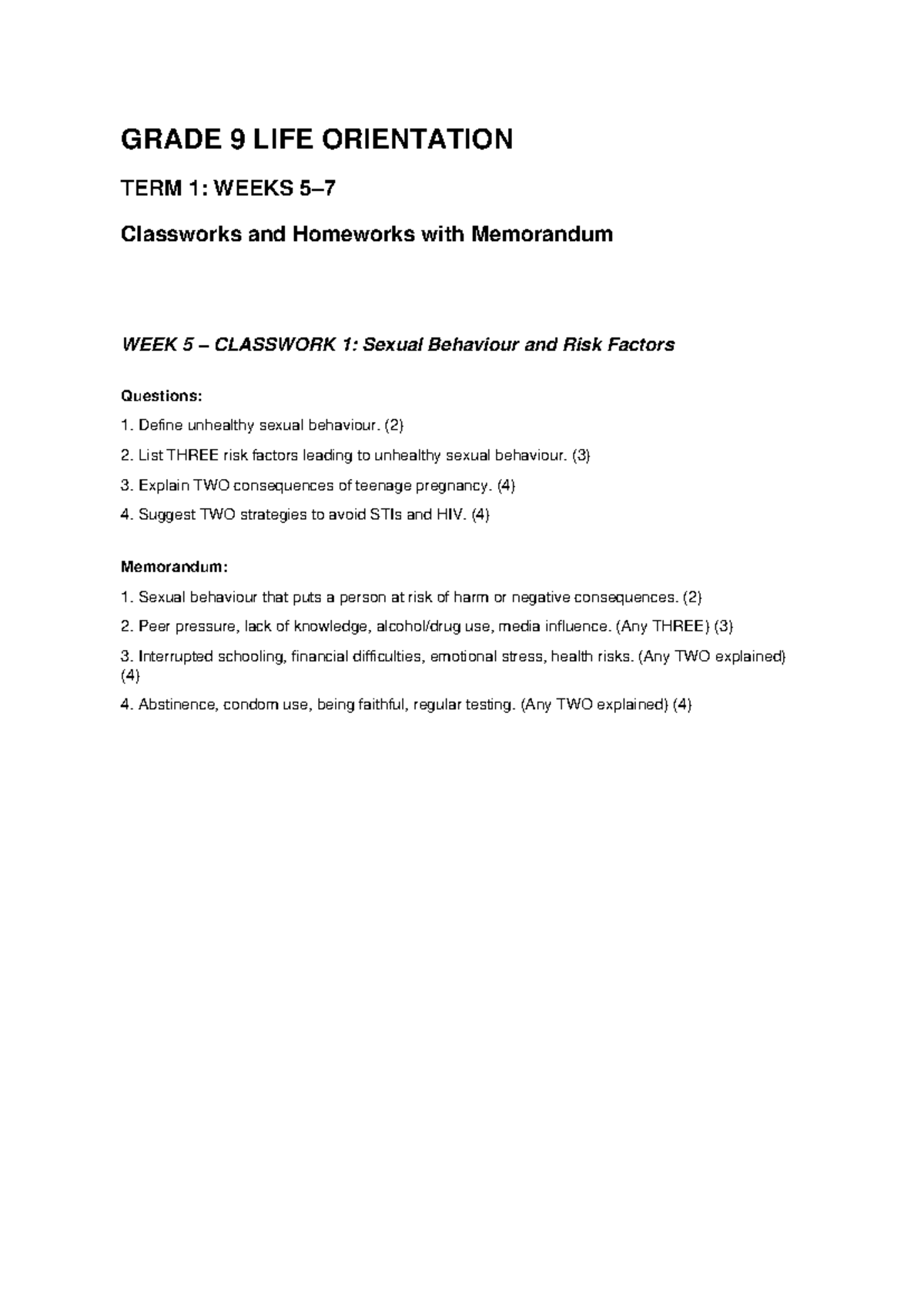 Grade 9 LO Term 1: Weeks 5-7 Classworks & Homeworks with Memo - Studocu