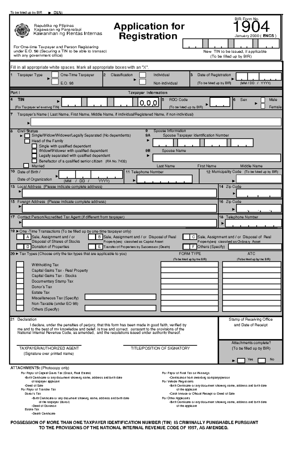 BIR Form 1904 Registration for One-Time Taxpayer (January 2000 ENCS ...