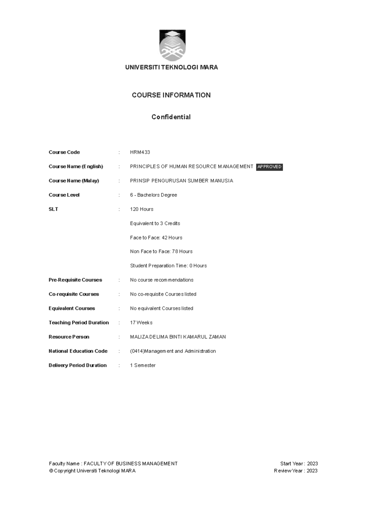 HRM433 Principles of Human Resource Management Course Overview - Studocu