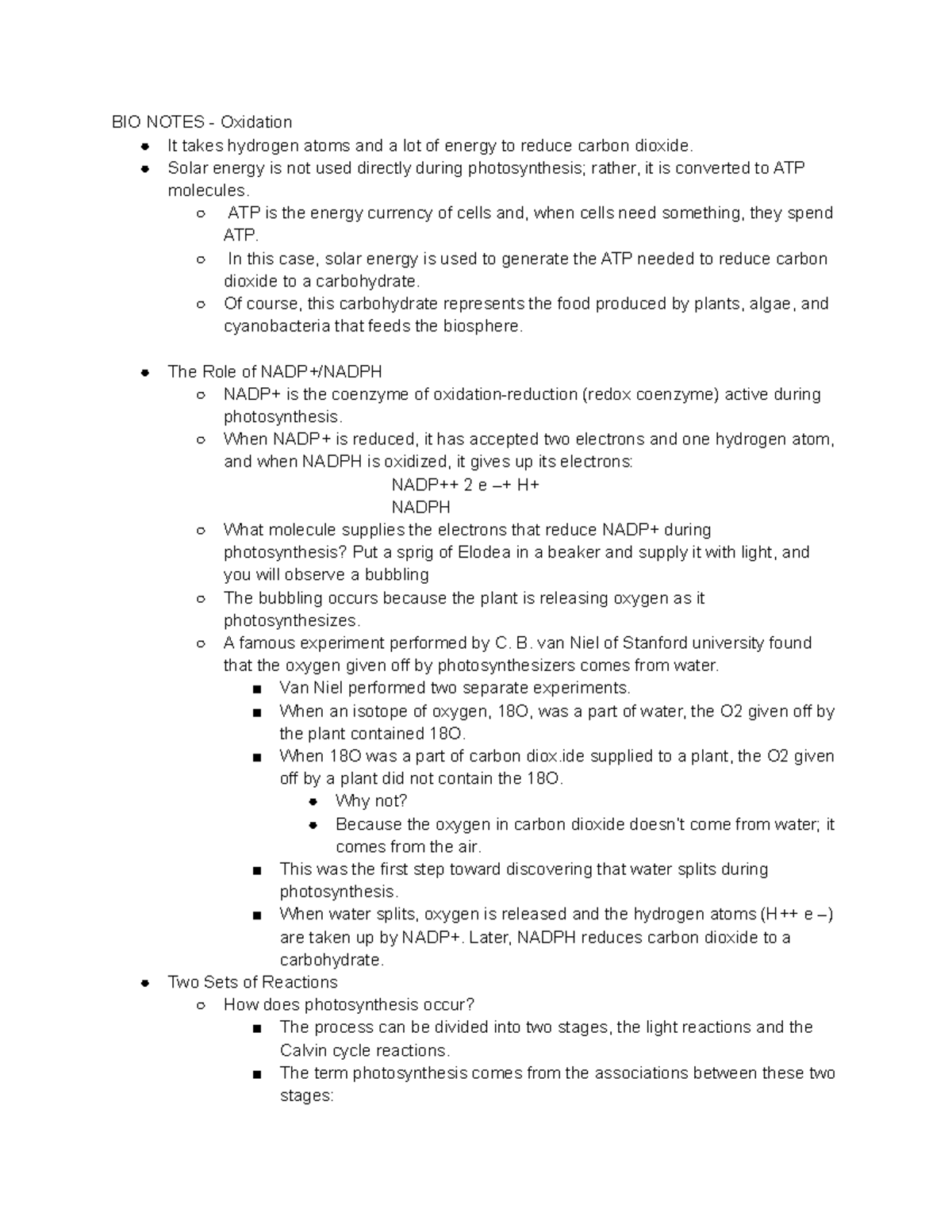BIO 101 Final Exam Notes - Photosynthesis and Oxidation Process - Studocu