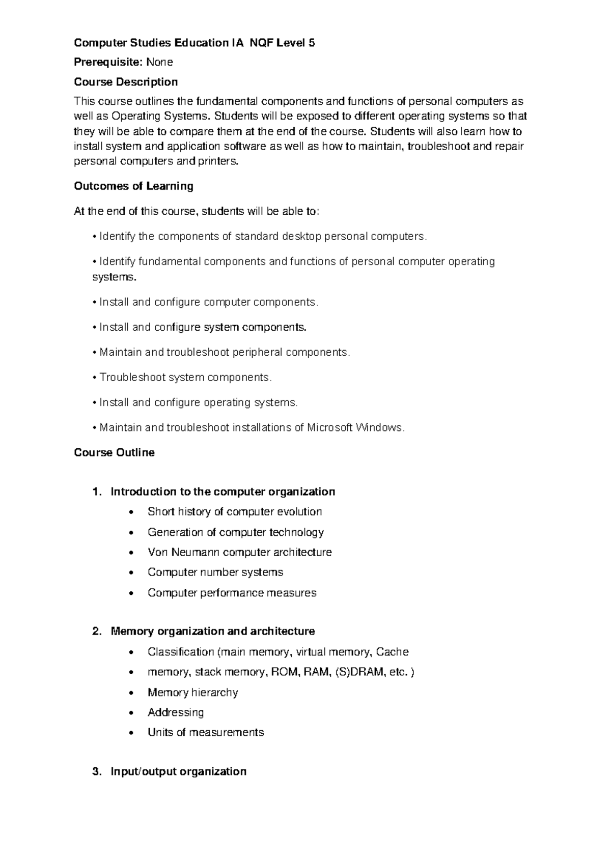 Computer Studies Course Outline - Computer Studies Education IA NQF ...