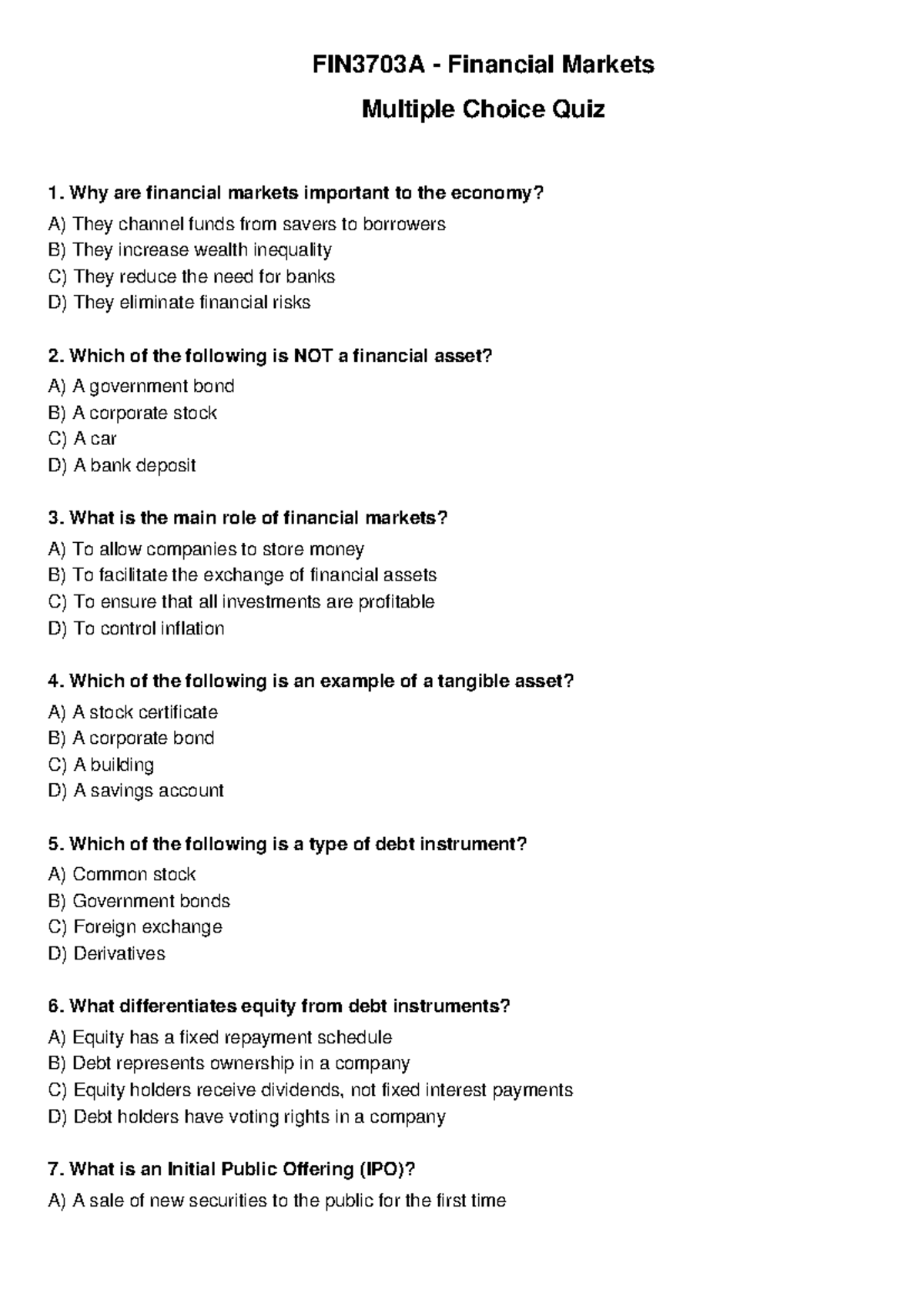 FIN3703A Financial Markets Complete Multiple Choice Quiz - Studocu