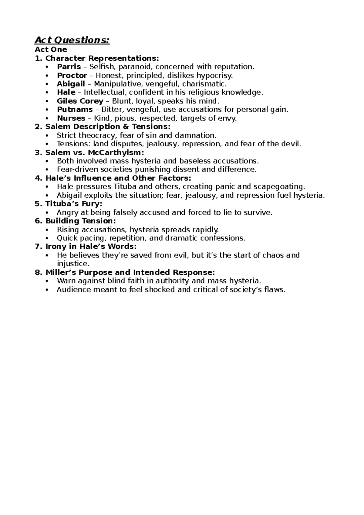 Act Questions: The Crucible Analysis and Character Insights - Studocu