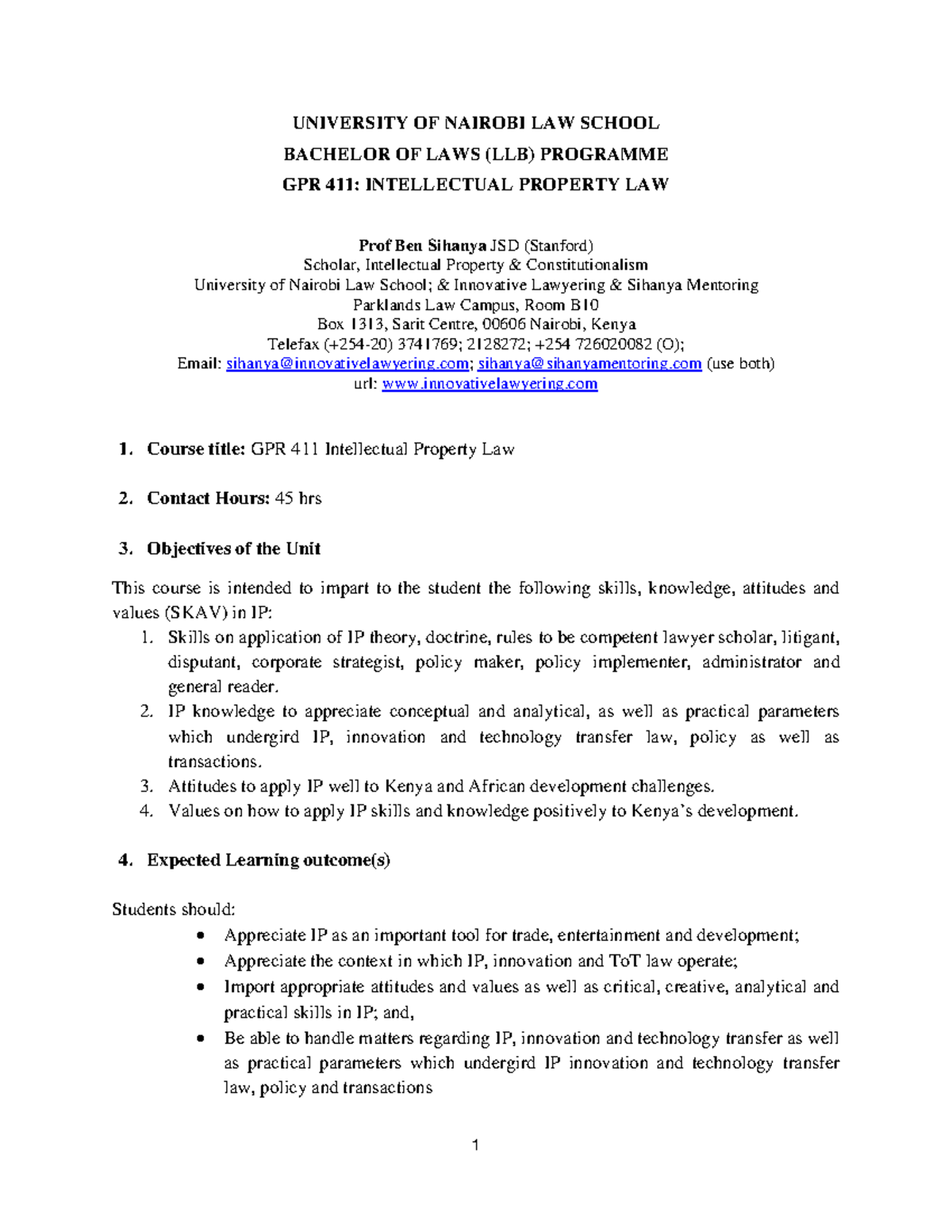 GPR 411: Comprehensive Course Outline on Intellectual Property Law ...