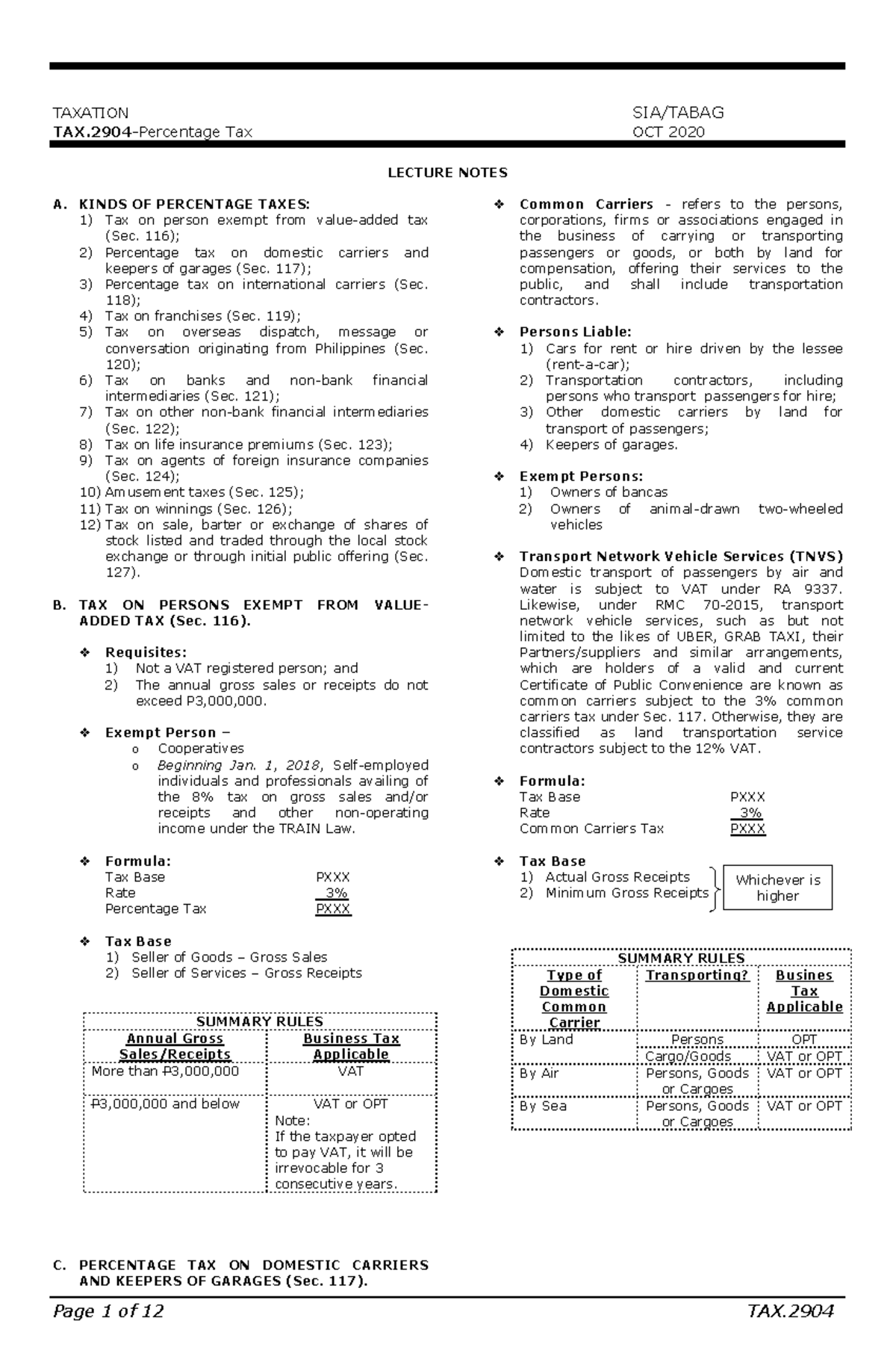 466160764 TAX 2904 Lecture Notes on Percentage Tax Regulations - Studocu