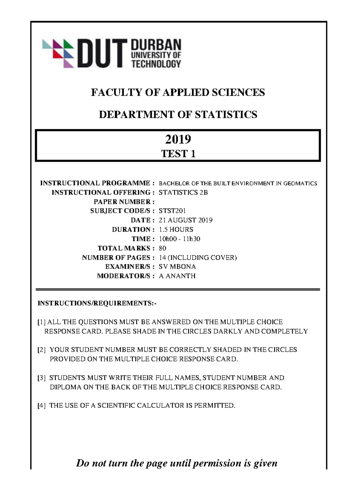 STST201 2019 SEMESTER 2 TEST 1 - STATISTICS 2B - Studocu