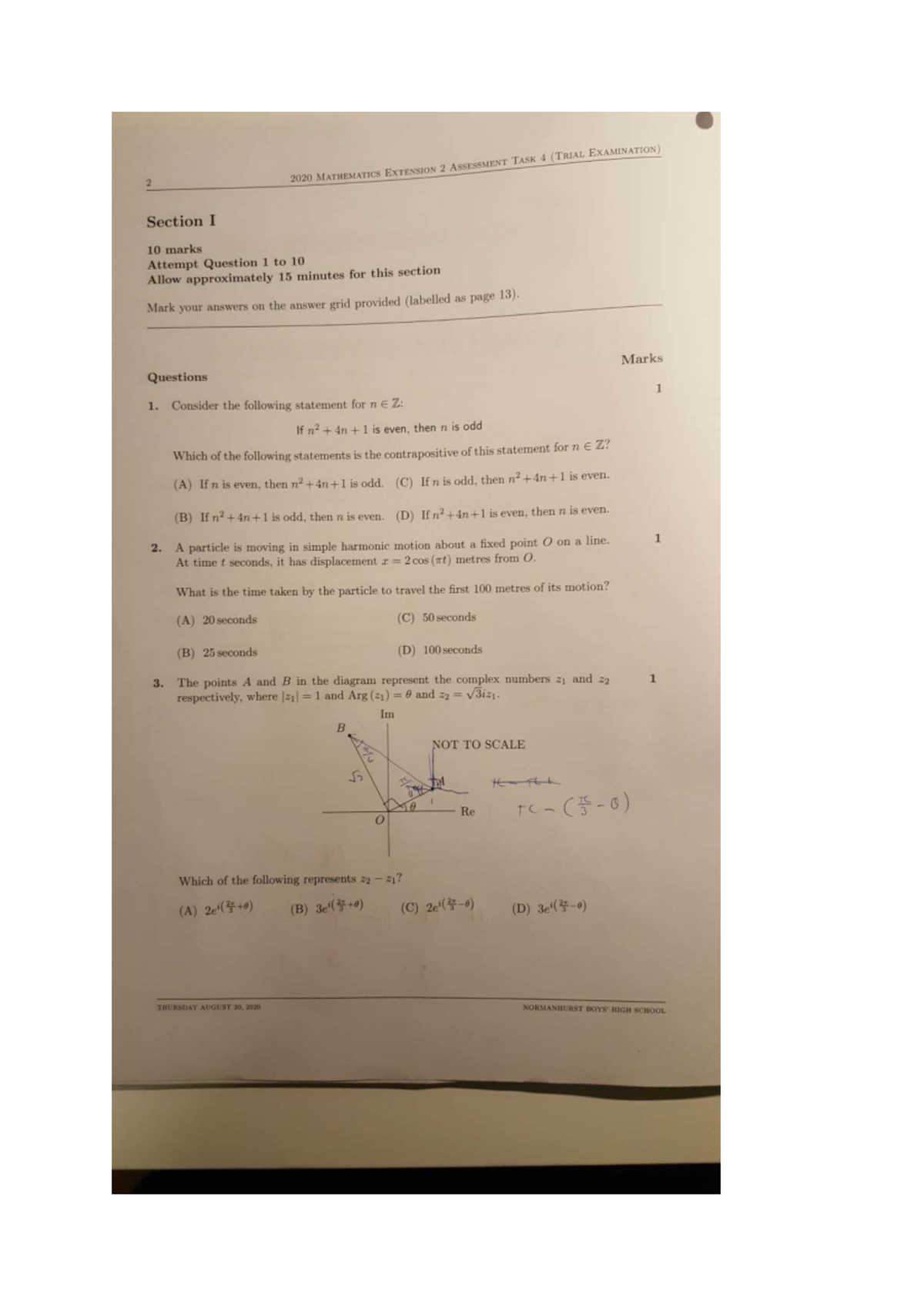 2020 MATHEMATICS EXTENSION 2 ASSESSMENT TASK 4 (TRIAL EXAM) SOLUTIONS ...
