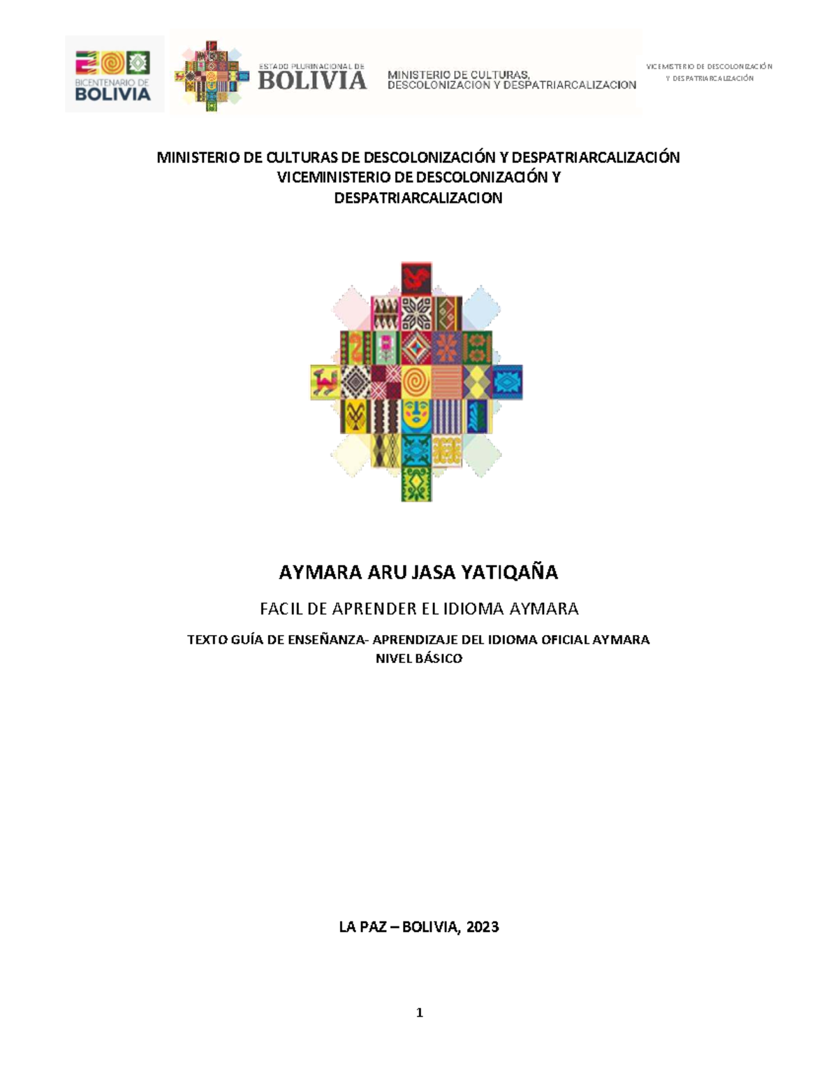 Guía de Aprendizaje del Idioma Aymara - Nivel Básico (VICEMISTERIO) - Document Preview