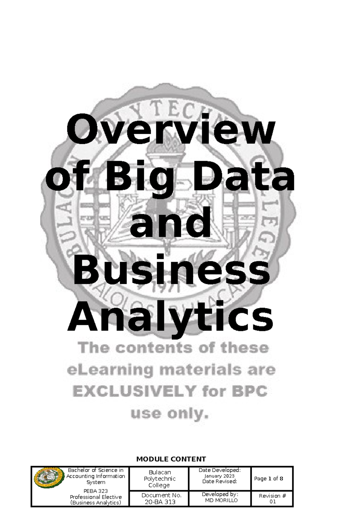 BSIS BA 313 Information Sheet 1 - Overview of Big Data and Business ...