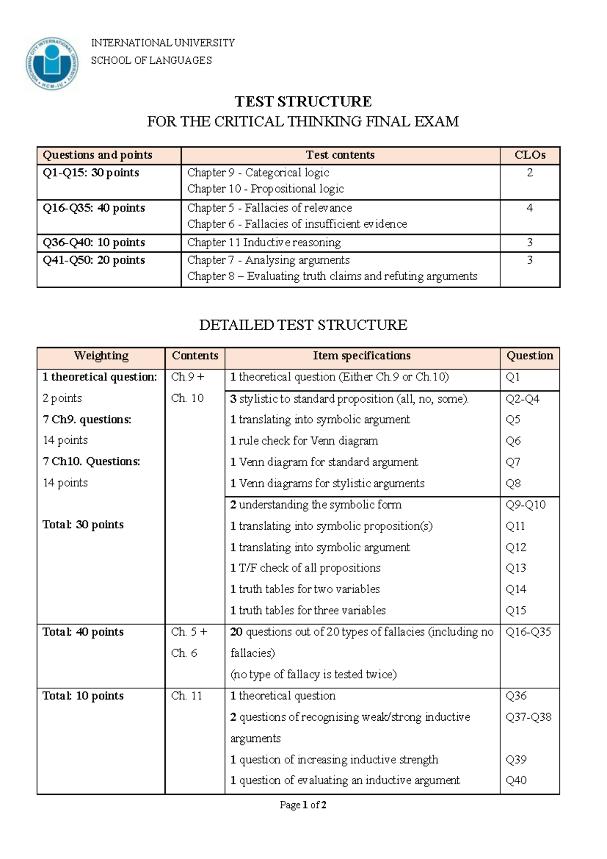INTL UNIV LANGUAGES CRITICAL THINKING FINAL EXAM TEST STRUCTURE - Studocu