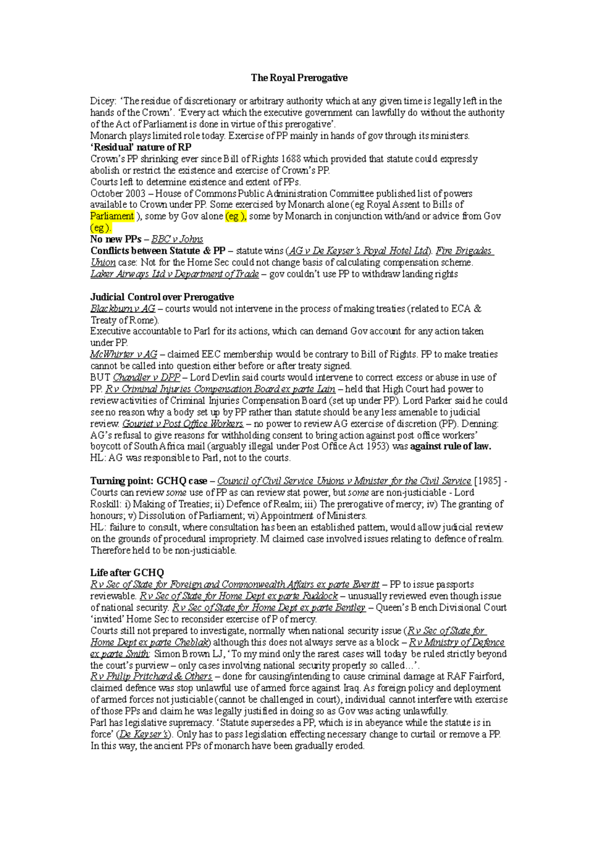 Royal Prerogative - Comprehensive Revision Notes for Law Students - Studocu