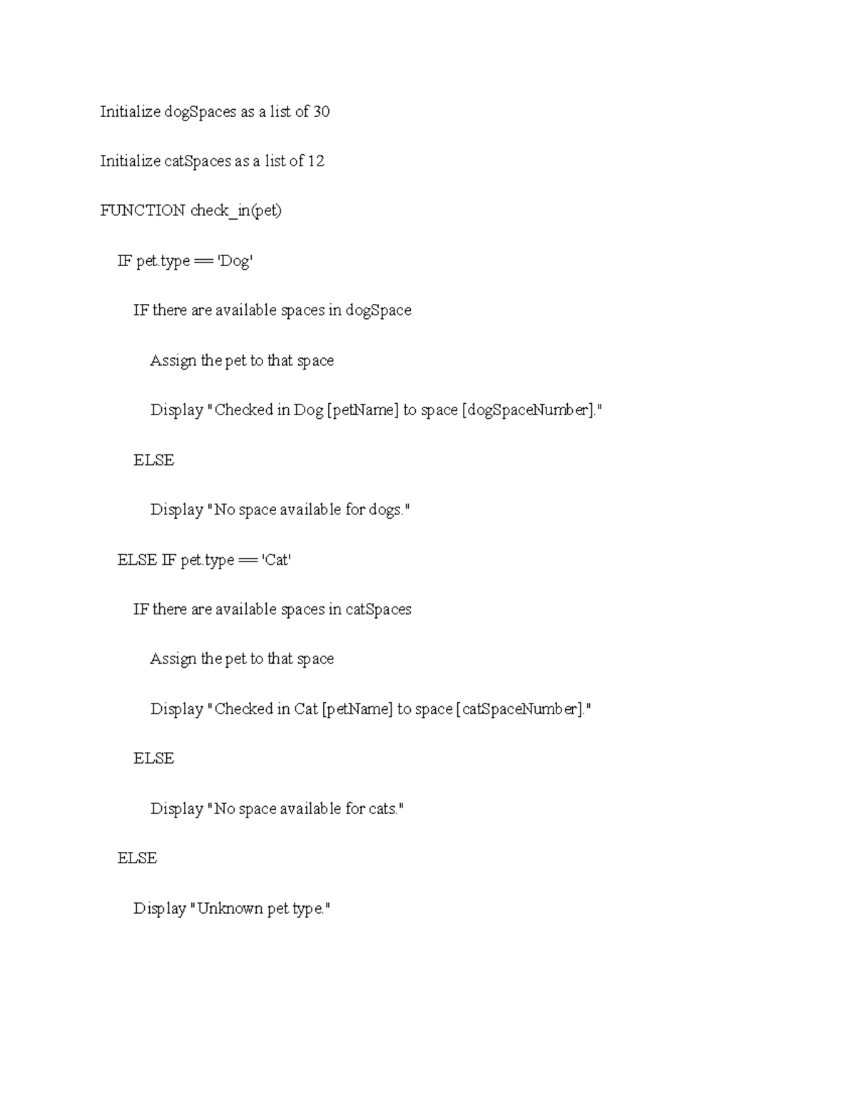 CS101 Pet Check-In Code Outline and Functions Overview - Studocu