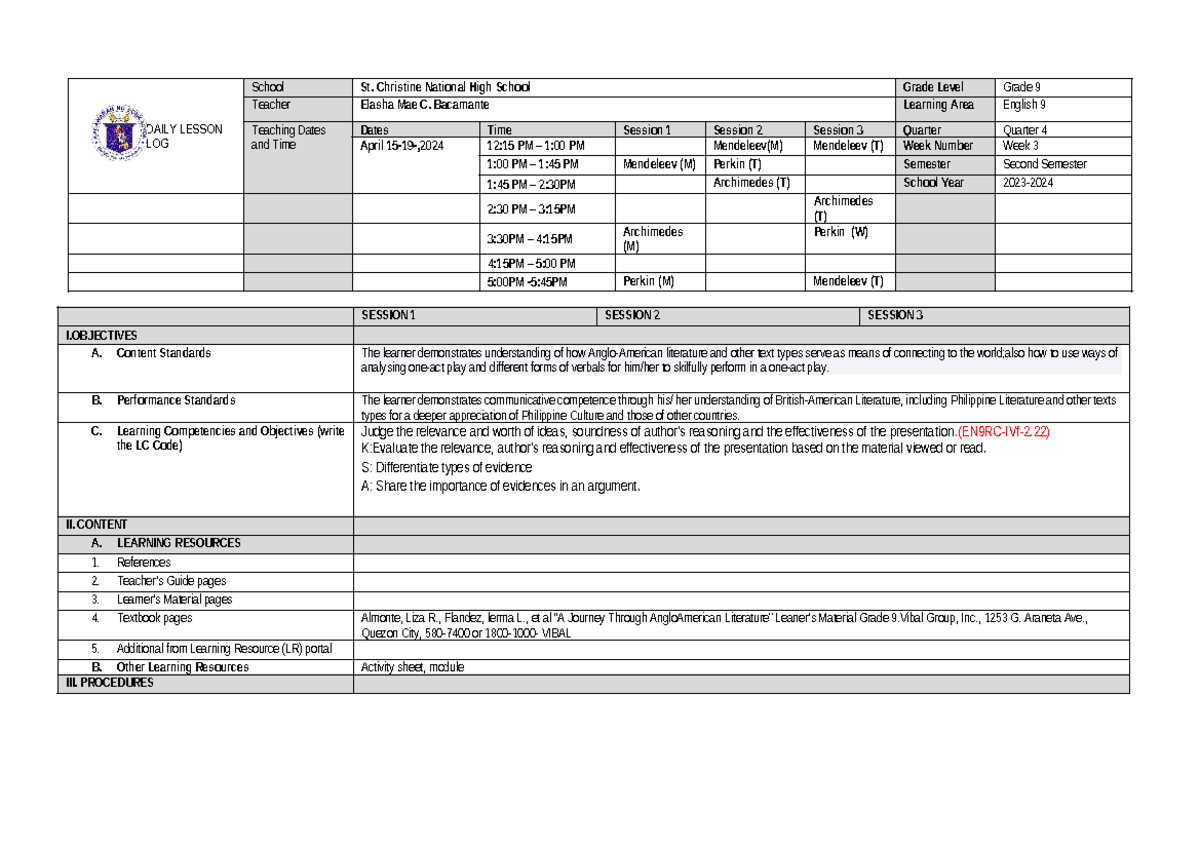 Grade 9 English Lesson Plan - Week 3 (Quarter 4) - Studocu