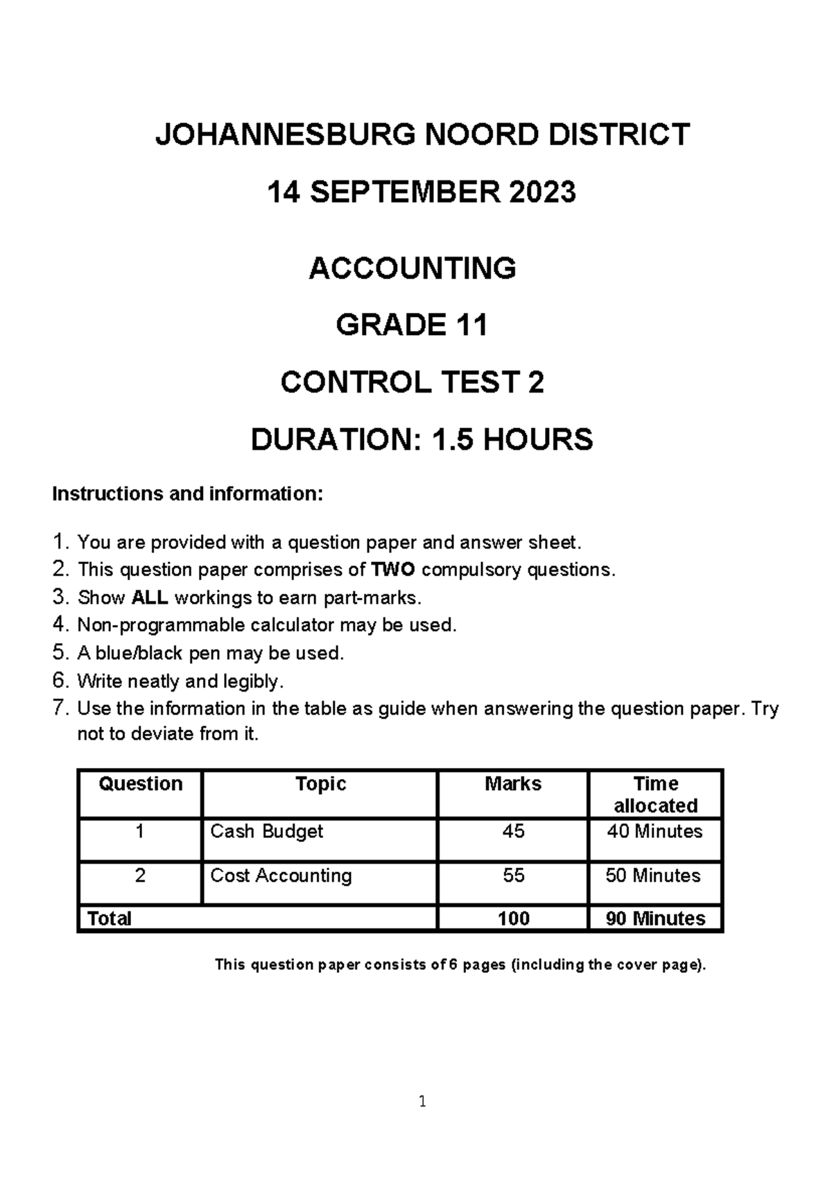 JN Grade 11 Accounting Control Test 2 - 14 Sept 2023 - Studocu