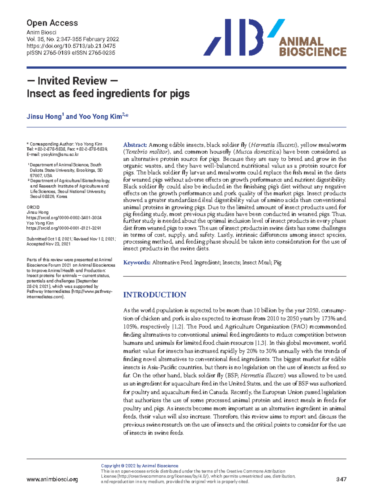 Insect Feed Ingredients for Pigs: A Review (Anim Biosci 2022) - Studocu