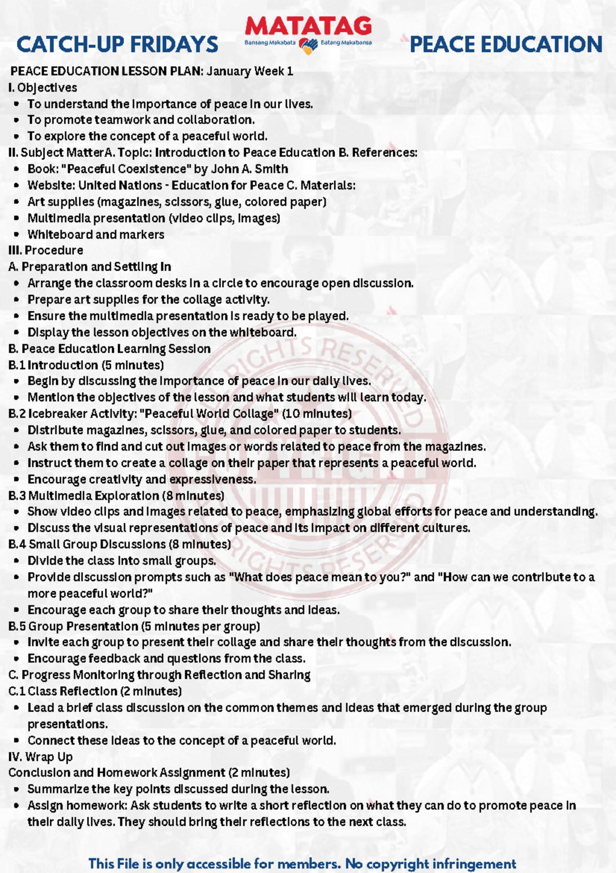 FRIDAYS PEACE EDUCATION LESSON PLAN: Grade 12 Overview and Activities ...