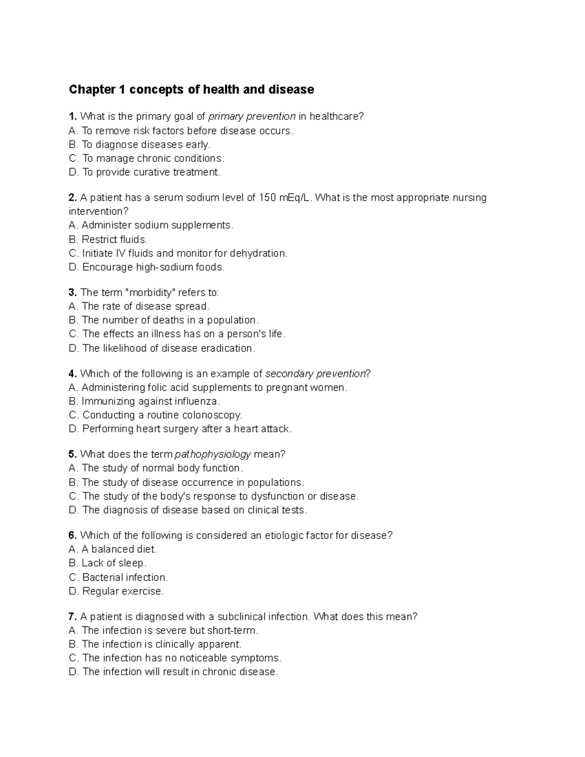 Chapter 1: Health & Disease Concepts - Study Q&A for Nursing 101 - Studocu