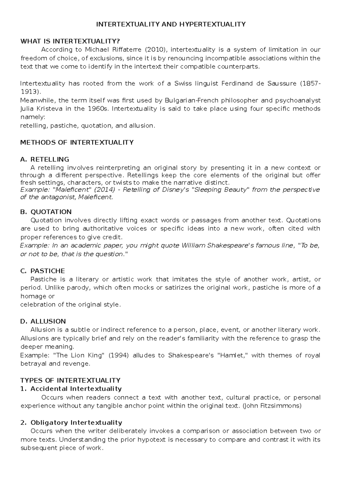ENG 201: Intertextuality and Hypertext - Key Concepts and Methods - Studocu