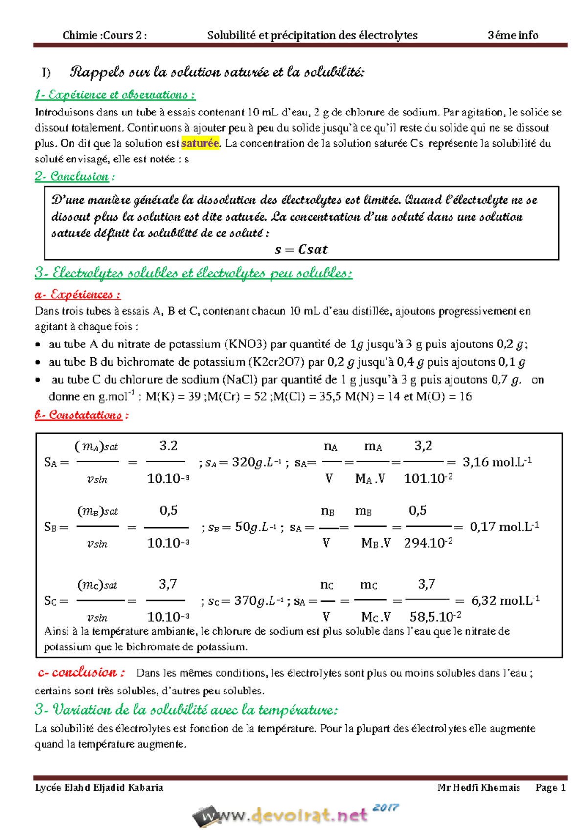Cours - Chimie - Solubilité et Précipitation des Électrolytes - 3ème ...