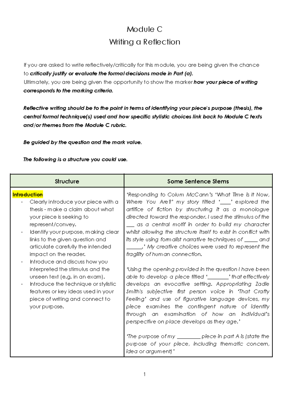 Module C Reflective Writing: Justifying Creative Choices - Studocu