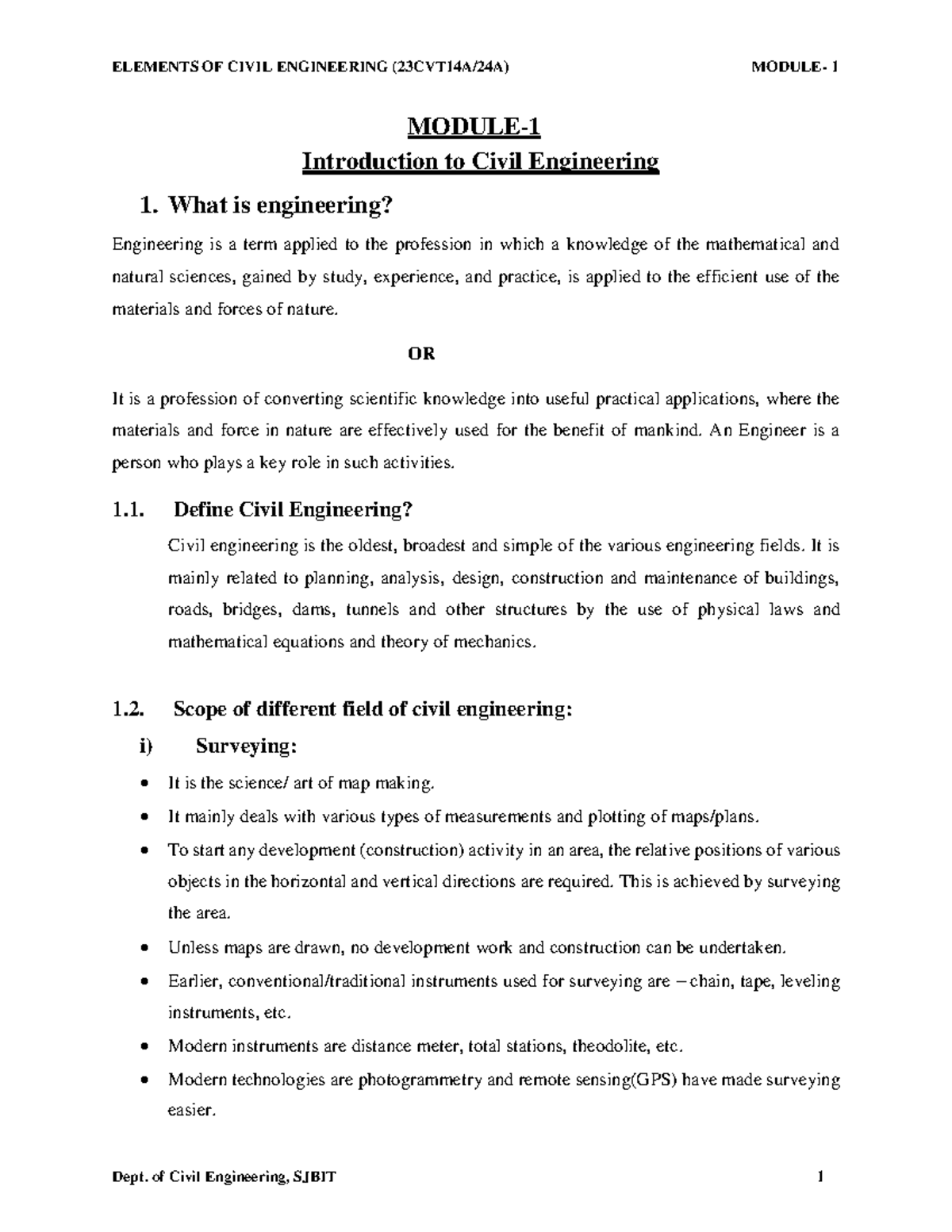 M1-Intro to civil - MODULE- 1 Introduction to Civil Engineering 1. What ...