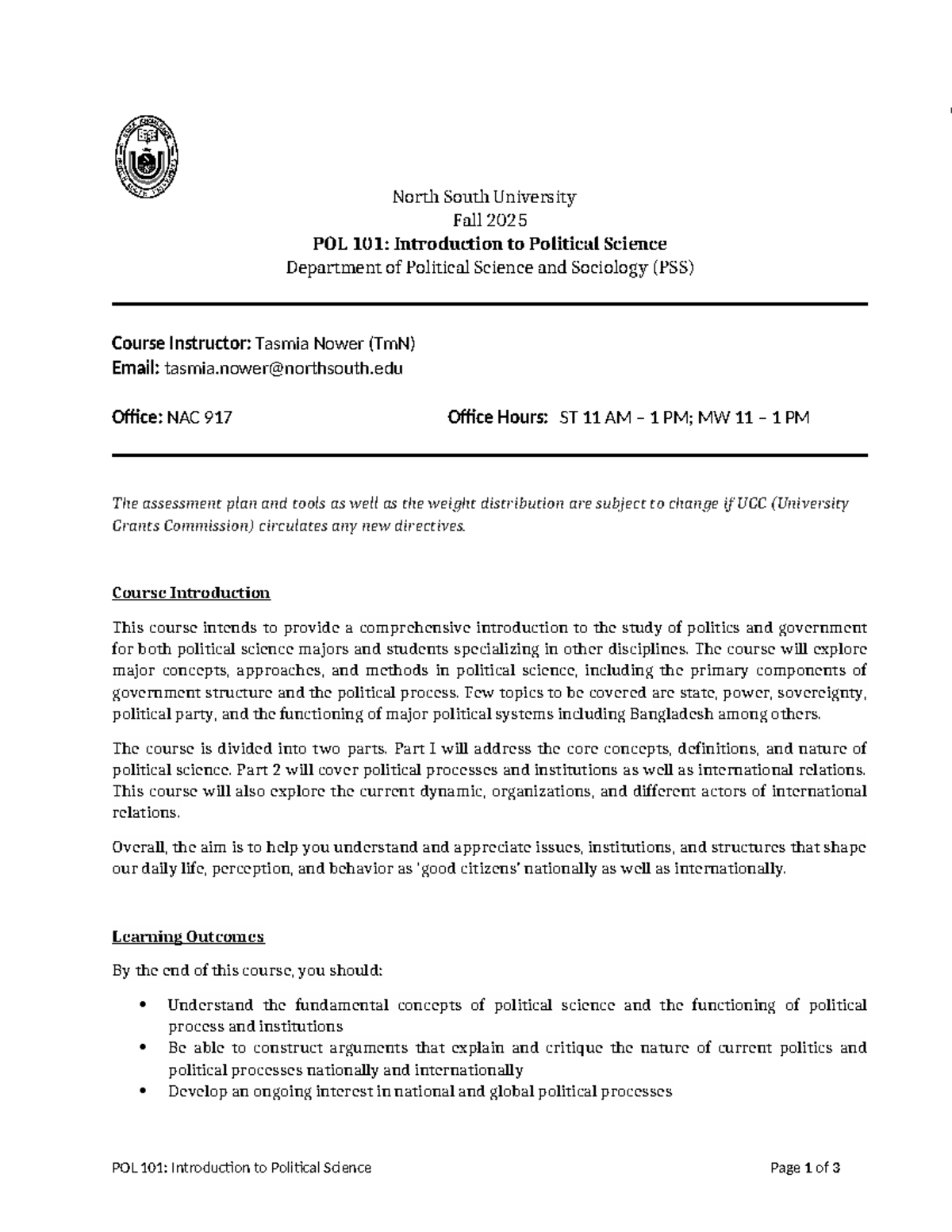 POL 101: Course Syllabus for Fall 2025 - Introduction to Political ...
