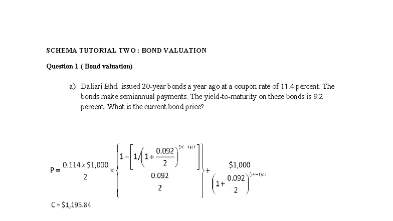 SCHEMA TUTORIAL C1: BOND VALUATION & Maturity Analysis - Studocu