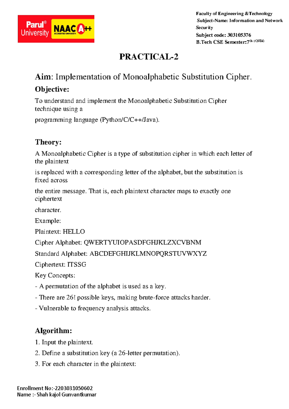 B.Tech CSE 7th Sem (CSE6) Monoalphabetic Substitution Cipher ...