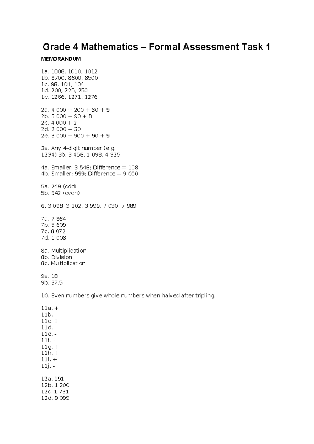 Grade 4 Math Formal Assessment Task 1 Memorandum - Studocu