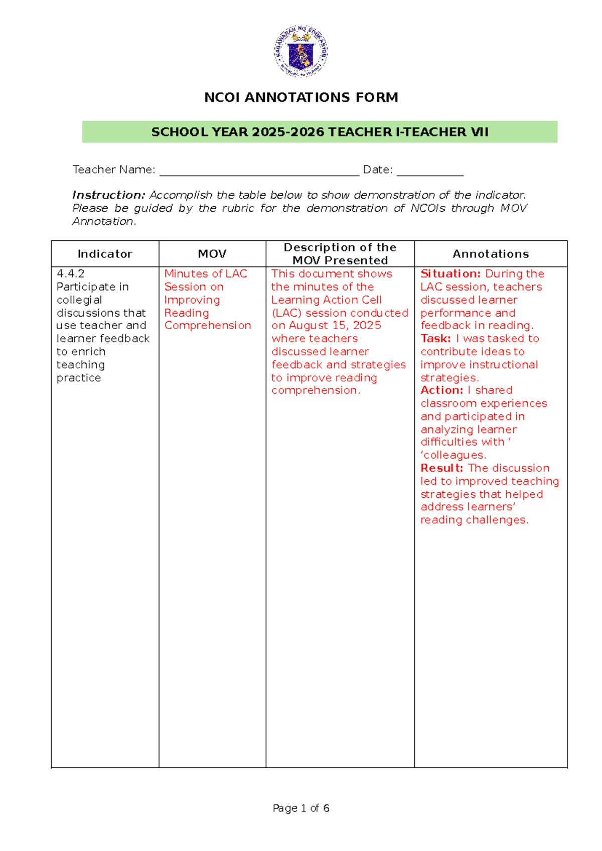 NCOI 2025-2026 Teacher VII Annotations & MOV Documentation - Studocu