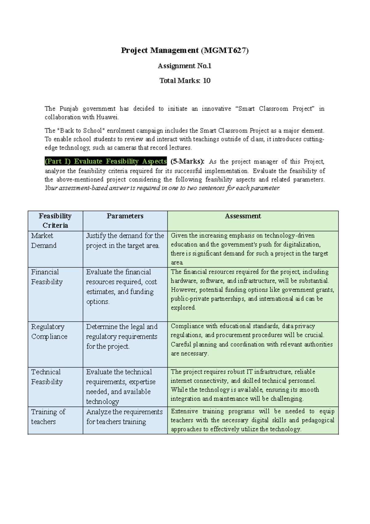 Fall 2024 MGMT627 - Smart Classroom Project Feasibility Analysis - Studocu
