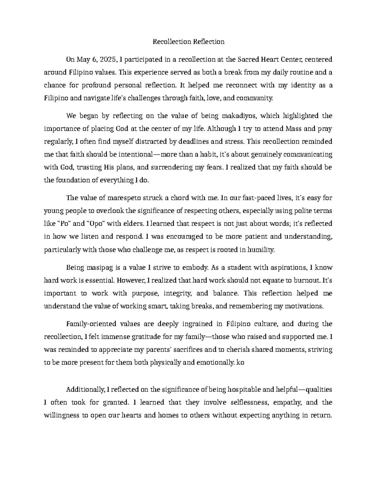 Recollection Reflection on Filipino Values - May 6, 2025 - Studocu