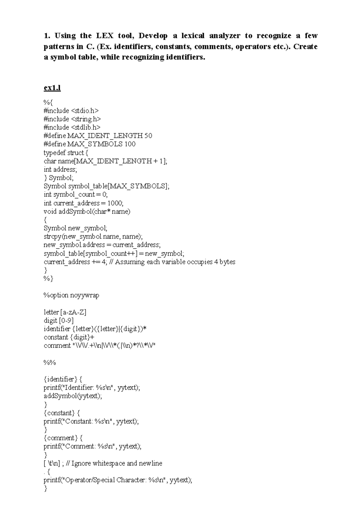 Pgm1&res - practical notes - 1. Using the LEX tool, Develop a lexical ...