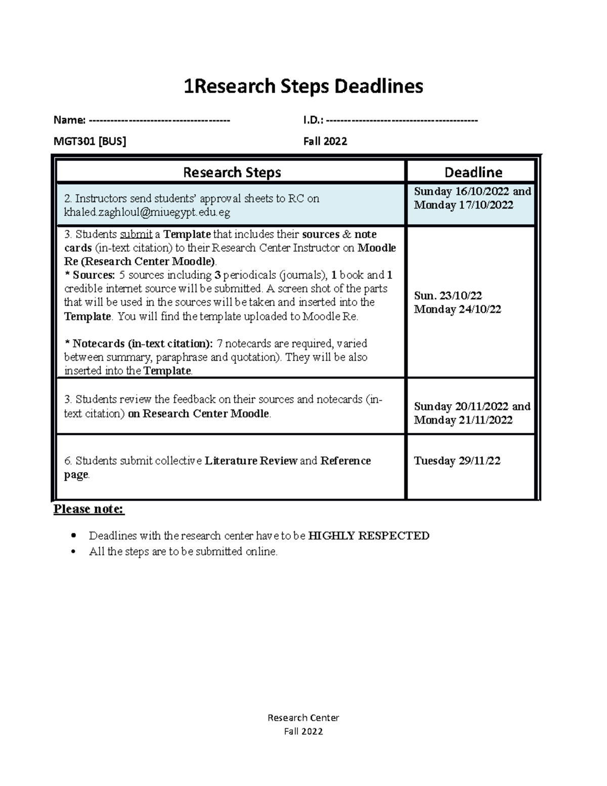 MGT301 [BUS] Fall 2022 Research Steps and Deadlines Overview - Studocu