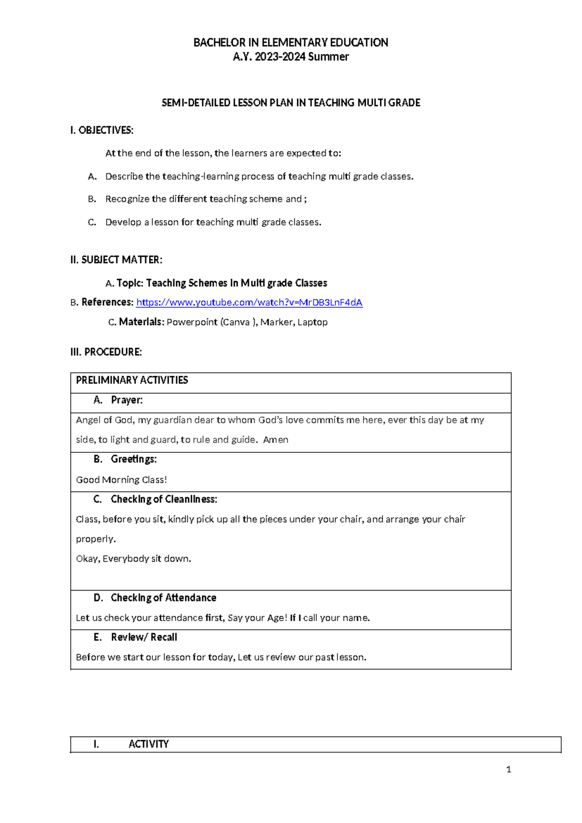 Teaching Schemes in Multi-Grade Classes: Semi-Detailed Lesson Plan ...