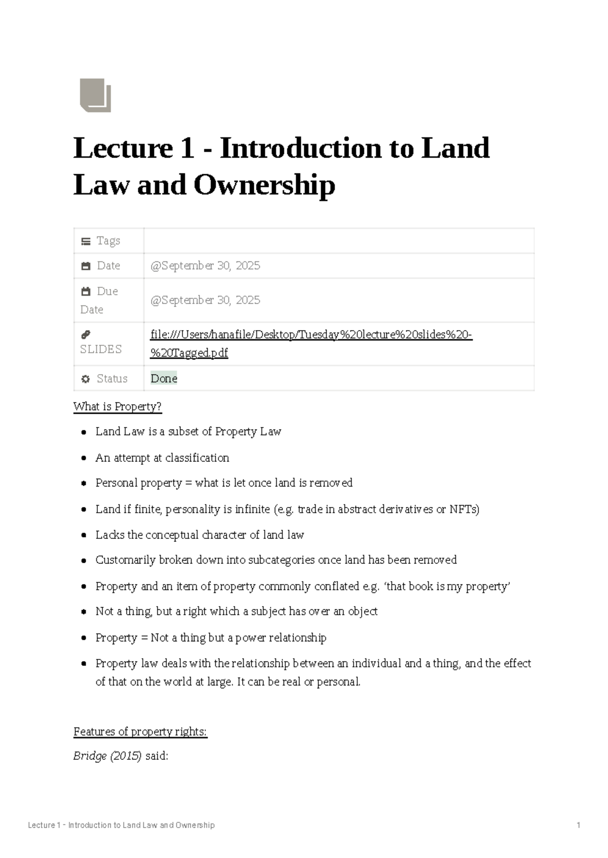 Lecture 1: Introduction to Land Law and Ownership Notes - Studocu