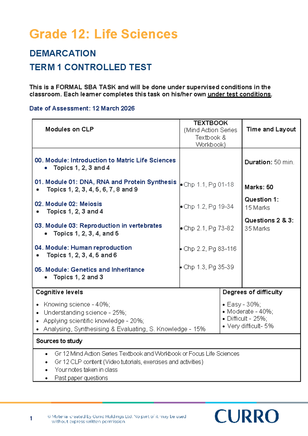 Grade 12 Life Sciences T1 Controlled Test 2026: SBA Task Details - Studocu