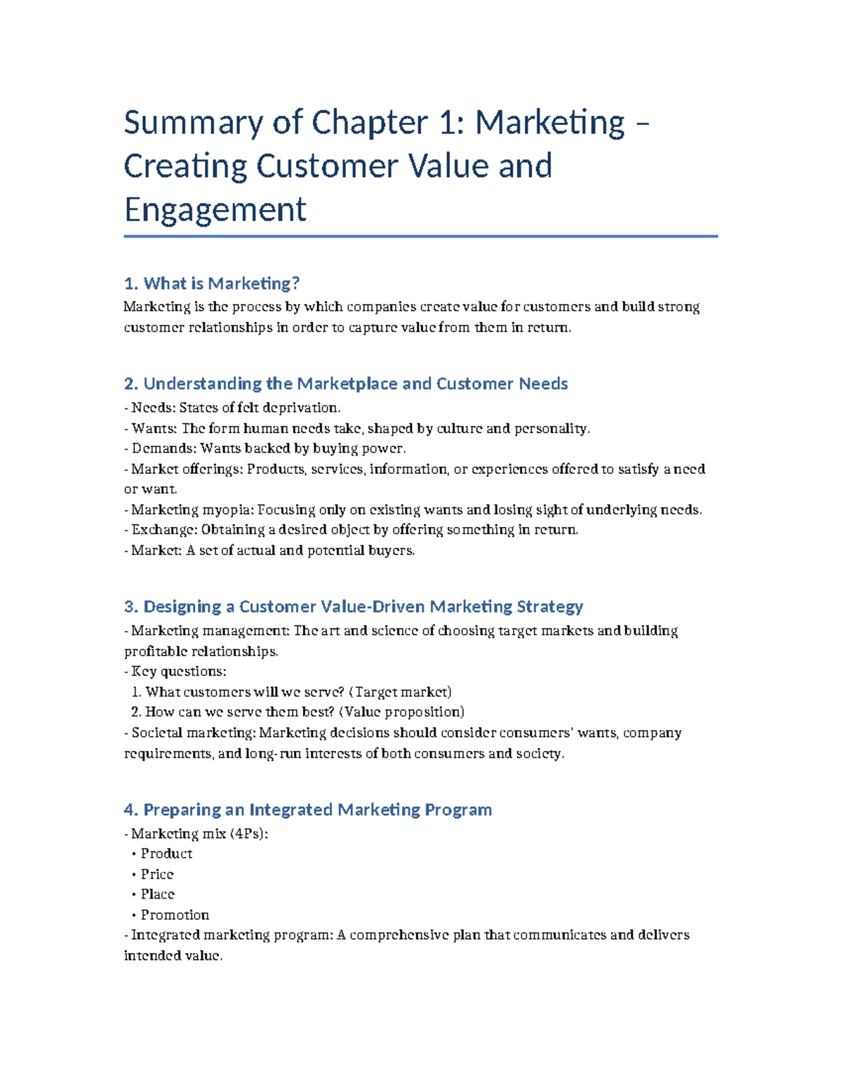 Marketing Chapter 1 Summary: Creating Customer Value & Engagement - Studocu